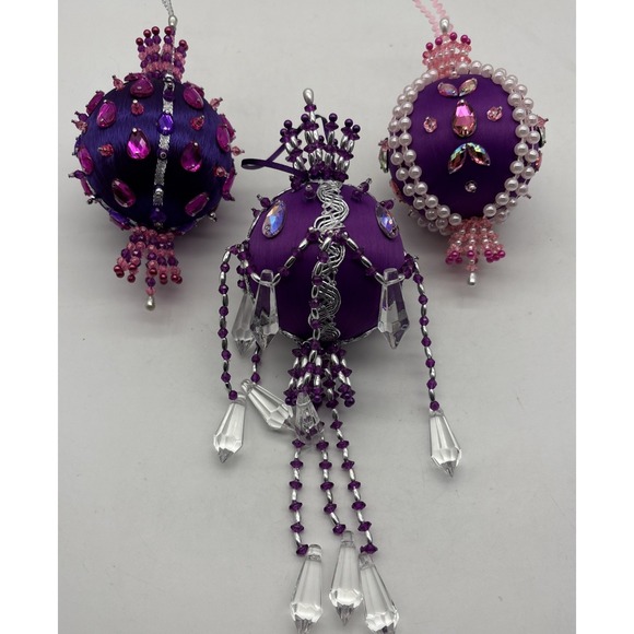 Handmade Other - VINTAGE PUSH PIN ORNAMENT SEQUIN BEADED ORNATE CHRISTMAS TREE HANDMADE X3 Purple